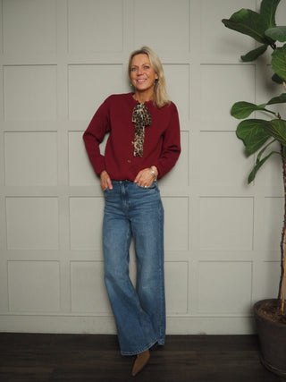 Illinois Cardigan with Leopard Print Tie and Gold Buttons - Black and Burgundy