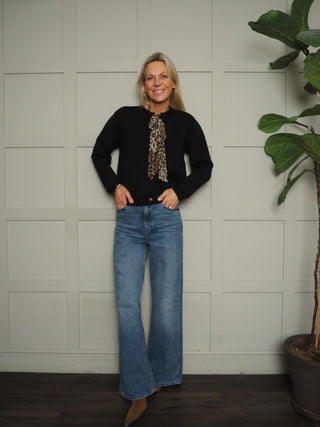 Illinois Cardigan with Leopard Print Tie and Gold Buttons - Black and Burgundy