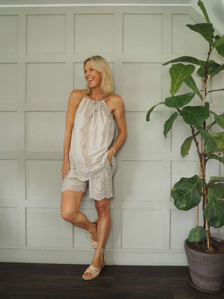 Pixie Cotton Broderie Anglaise Top and Shorts Set - Black, Navy Blue, Stone and White