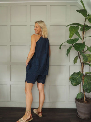 Pixie Cotton Broderie Anglaise Top and Shorts Set - Black, Navy Blue, Stone and White