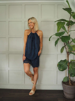 Pixie Cotton Broderie Anglaise Top and Shorts Set - Black, Navy Blue, Stone and White