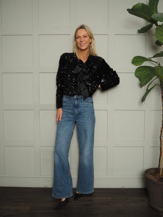 Kara Sequin and Velvet Bow Front Cardigan - Black, Burgundy and Gold