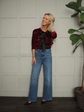 Kara Sequin and Velvet Bow Front Cardigan - Black, Burgundy and Gold