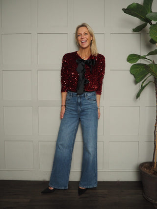 Kara Sequin and Velvet Bow Front Cardigan - Black, Burgundy and Gold