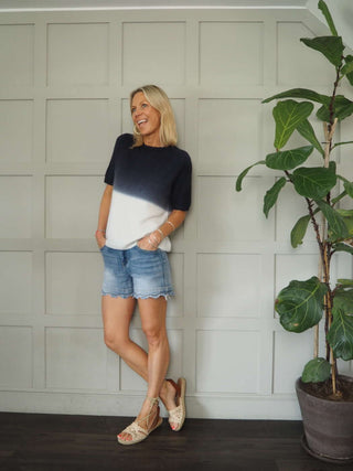 Hermie Round Neck, Two Tone Short Sleeve Jumper - Bright Pink, Camel, Khaki and Navy Blue