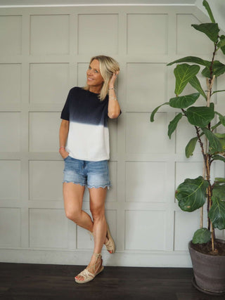 Hermie Round Neck, Two Tone Short Sleeve Jumper - Bright Pink, Camel, Khaki and Navy Blue