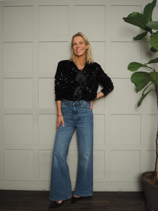 Kara Sequin and Velvet Bow Front Cardigan - Black, Burgundy and Gold