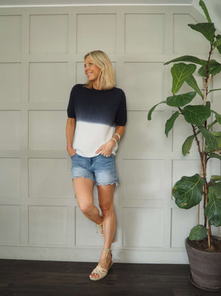 Hermie Round Neck, Two Tone Short Sleeve Jumper - Bright Pink, Camel, Khaki and Navy Blue