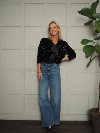 Kara Sequin and Velvet Bow Front Cardigan - Black, Burgundy and Gold