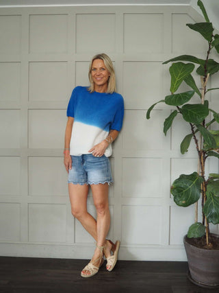 Hermie Round Neck, Two Tone Short Sleeve Jumper - Bright Pink, Camel, Khaki and Navy Blue