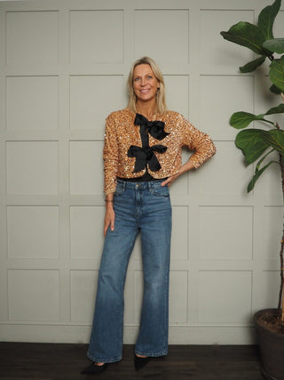 Kara Sequin and Velvet Bow Front Cardigan - Black, Burgundy and Gold