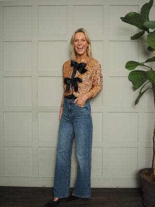 Kara Sequin and Velvet Bow Front Cardigan - Black, Burgundy and Gold