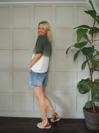 Hermie Round Neck, Two Tone Short Sleeve Jumper - Bright Pink, Camel, Khaki and Navy Blue