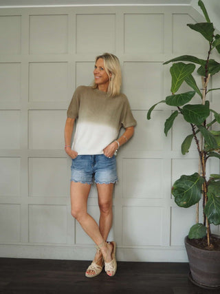 Hermie Round Neck, Two Tone Short Sleeve Jumper - Bright Pink, Camel, Khaki and Navy Blue