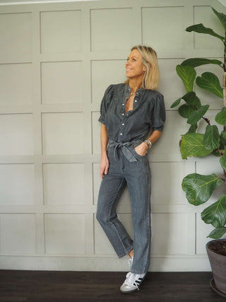 Middleton Cotton Jumpsuit with Short Puff Sleeves, Popper Fastening - Denim Blue and Grey