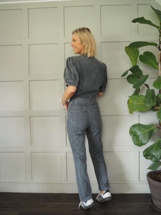 Middleton Cotton Jumpsuit with Short Puff Sleeves, Popper Fastening - Denim Blue and Grey