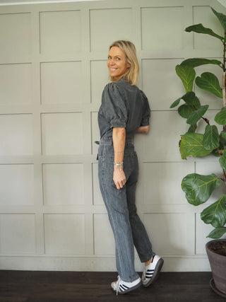 Middleton Cotton Jumpsuit with Short Puff Sleeves, Popper Fastening - Denim Blue and Grey
