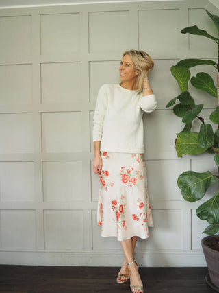 Floral Satin Skirt - Champagne, Pale Blue