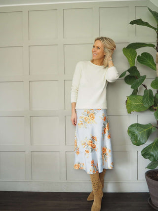 Floral Satin Skirt - Champagne, Pale Blue