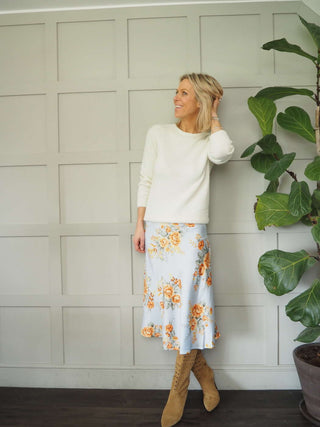 Floral Satin Skirt - Champagne, Pale Blue