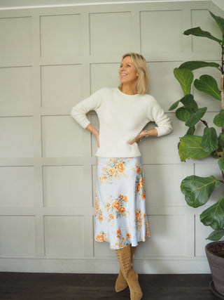 Floral Satin Skirt - Champagne, Pale Blue