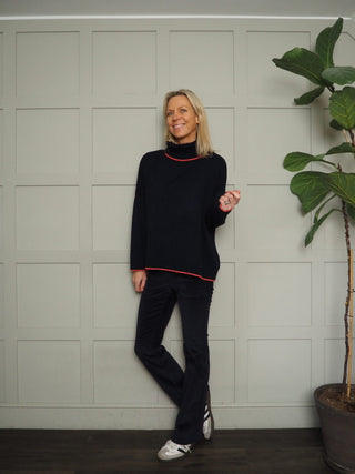 Tiggy Corduroy Boot Cut Trousers with Side Pockets - Navy Blue