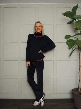 Tiggy Corduroy Boot Cut Trousers with Side Pockets - Navy Blue