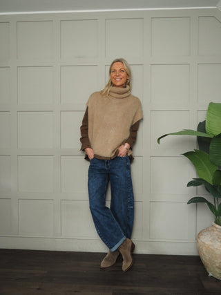 Uley Short Sleeve Polo Neck by Luella - Chocolate, Light Camel