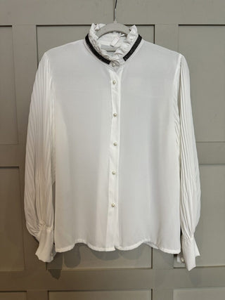 Monica Blouse with Pleated Sleeves and Rhinestones Detail - Off White