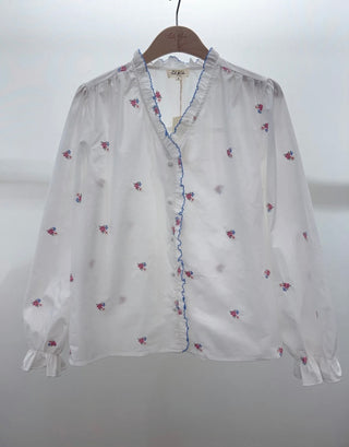 Florry Blouse with Ruffle Detail and Embroidered Flowers - White