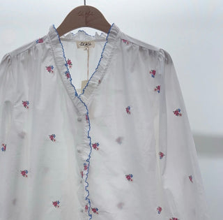 Florry Blouse with Ruffle Detail and Embroidered Flowers - White