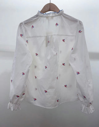 Florry Blouse with Ruffle Detail and Embroidered Flowers - White
