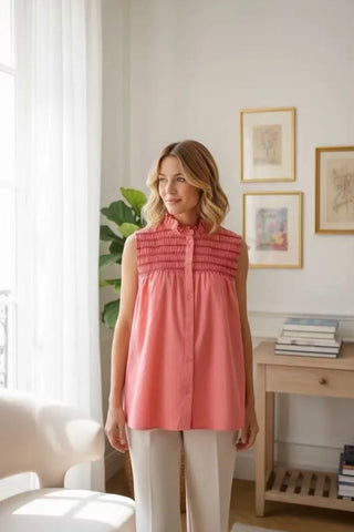 Gresham Sleeveless Blouse with Smocking and Scallop Detail  - Pink/Red