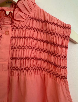 Gresham Sleeveless Blouse with Smocking and Scallop Detail  - Pink/Red