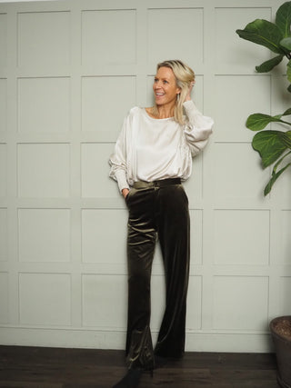 Kelly Long Sleeved Boat Neck Silky Feel Blouse with Shirred Cuff Detail - Champagne and Oyster