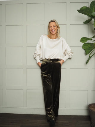 Kelly Long Sleeved Boat Neck Silky Feel Blouse with Shirred Cuff Detail - Champagne and Oyster