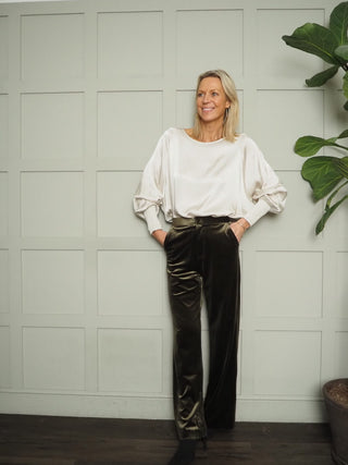 Kelly Long Sleeved Boat Neck Silky Feel Blouse with Shirred Cuff Detail - Champagne and Oyster