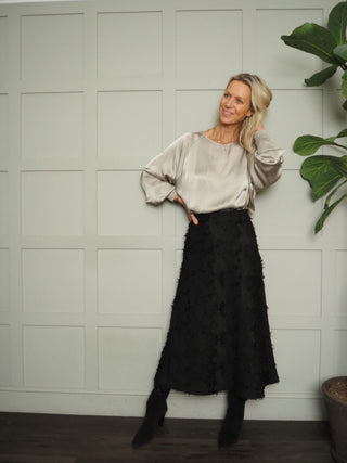 Bettie Anna Skirt with Fringing and Floral Detail by Soaked - Black