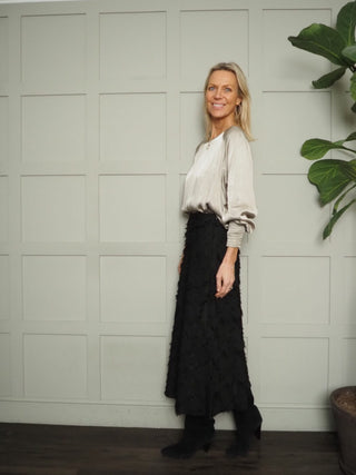 Kelly Long Sleeved Boat Neck Silky Feel Blouse with Shirred Cuff Detail - Champagne and Oyster