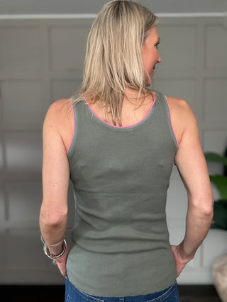 Mack Finely Ribbed Vest with Neon Pink Trim - Khaki, White