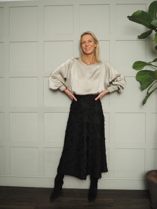 Kelly Long Sleeved Boat Neck Silky Feel Blouse with Shirred Cuff Detail - Champagne and Oyster