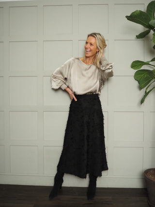 Kelly Long Sleeved Boat Neck Silky Feel Blouse with Shirred Cuff Detail - Champagne and Oyster