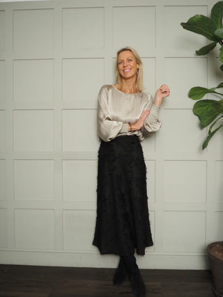 Kelly Long Sleeved Boat Neck Silky Feel Blouse with Shirred Cuff Detail - Champagne and Oyster