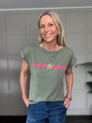 Deborah T Shirt with Star and Stripes - Blue, Khaki, White