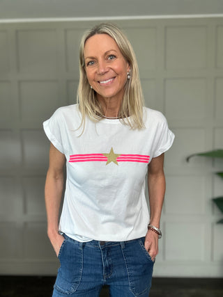 Deborah T Shirt with Star and Stripes - Blue, Khaki, White
