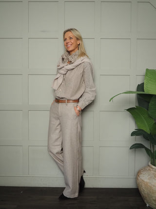 Chester Blouse with High Pleated Collar - Chocolate Check, Chocolate Stripe, Green Stripe