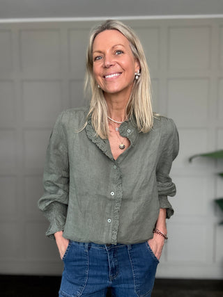Putney Linen Blouse with Broderie Anglaise Detailing - 8 Colours