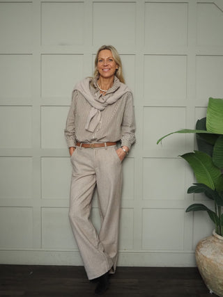 Chester Blouse with High Pleated Collar - Chocolate Check, Chocolate Stripe, Green Stripe