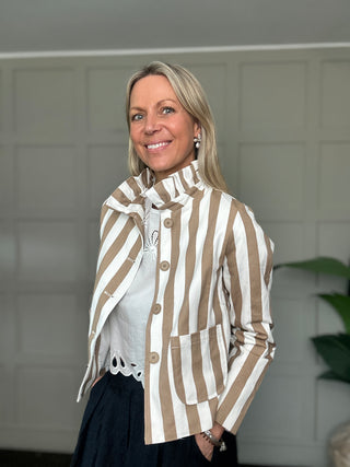 Rye Stripe Cotton Jacket with Pleated Collar - Navy/White, Tan/White