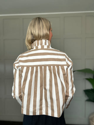 Rye Stripe Cotton Jacket with Pleated Collar - Navy/White, Tan/White